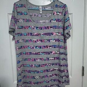 LuLaRoe Gray Top with Pink and Blue Accents